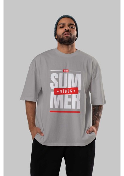 Summer Vibes 2 Ön Baskılı Gri Oversize T-Shirt Unisex Erkek Kadın Bisiklet Yaka
