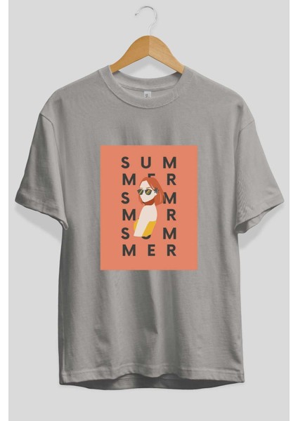 Summer Woman Ön Baskılı Gri Oversize T-Shirt Unisex Erkek Kadın Bisiklet Yaka fiyatları