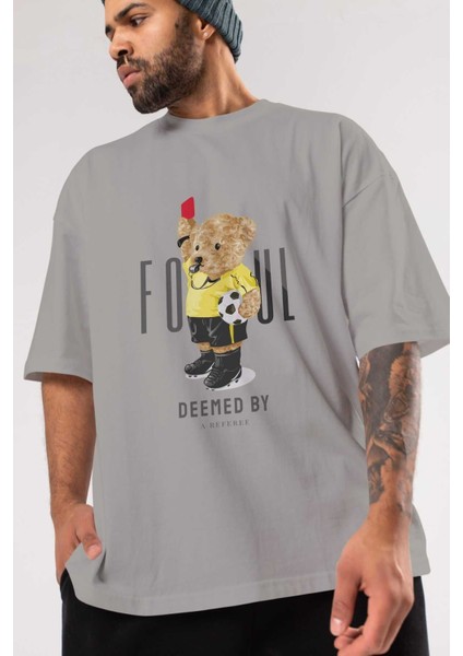 Teddy Bear Kırmızı Kart Ön Baskılı Gri Oversize T-Shirt Unisex Erkek Kadın Bisiklet Yaka modelleri
