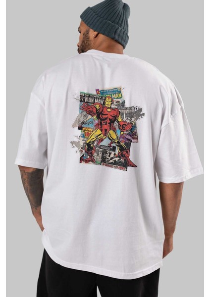 Iron Man (6) Arka Baskılı Beyaz Oversize T-Shirt Bisiklet Yaka Pamuk Erkek Kadın