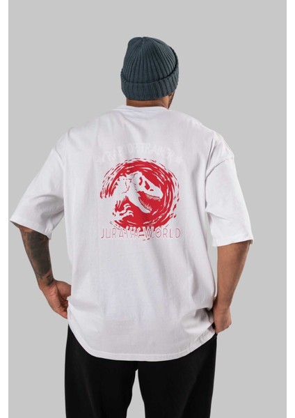 Jurassic Park (3) Arka Baskılı Beyaz Oversize T-Shirt Bisiklet Yaka Pamuk Erkek Kadın