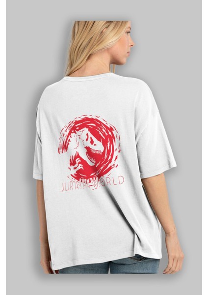 Jurassic Park (3) Arka Baskılı Beyaz Oversize T-Shirt Bisiklet Yaka Pamuk Erkek Kadın modelleri
