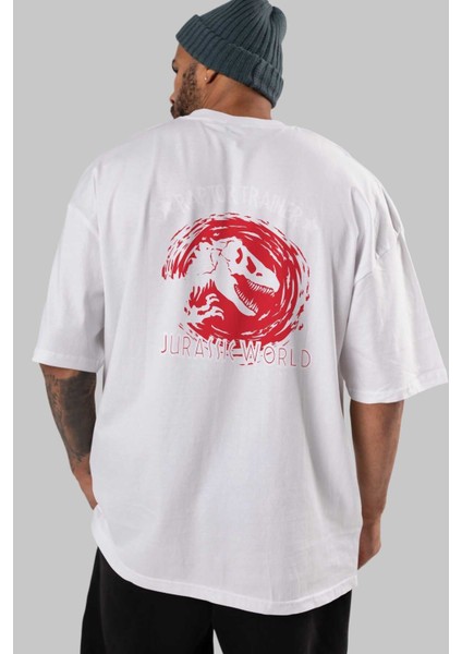 Jurassic Park (3) Arka Baskılı Beyaz Oversize T-Shirt Bisiklet Yaka Pamuk Erkek Kadın indirimleri