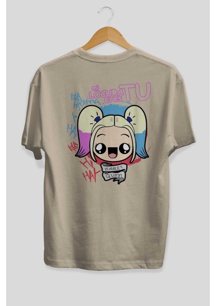 Harley Quinn Arka Baskılı Bej Oversize T-Shirt Bisiklet Yaka Pamuk Erkek Kadın fiyatları
