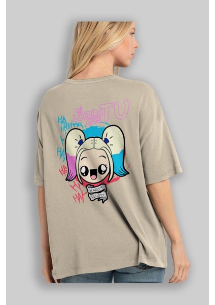 Harley Quinn Arka Baskılı Bej Oversize T-Shirt Bisiklet Yaka Pamuk Erkek Kadın modelleri