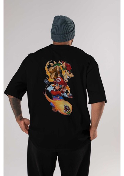 Super Mario 1 Arka Baskılı Siyah Oversize T-Shirt Bisiklet Yaka Pamuk Erkek Kadın