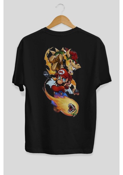 Super Mario 1 Arka Baskılı Siyah Oversize T-Shirt Bisiklet Yaka Pamuk Erkek Kadın fiyatları