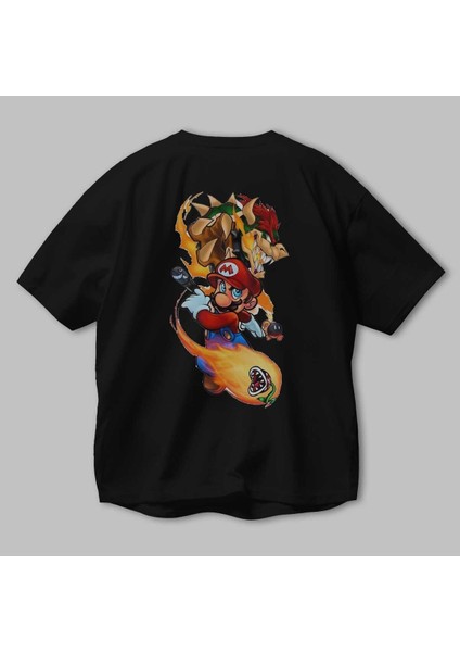 Super Mario 1 Arka Baskılı Siyah Oversize T-Shirt Bisiklet Yaka Pamuk Erkek Kadın modelleri