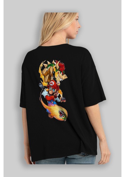 Super Mario 1 Arka Baskılı Siyah Oversize T-Shirt Bisiklet Yaka Pamuk Erkek Kadın fırsatları