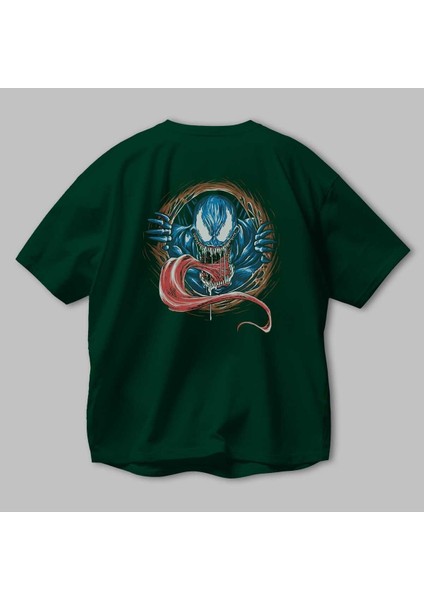 Venom (7) Arka Baskılı Zümrüt Yeşili Oversize T-Shirt Bisiklet Yaka Erkek Kadın modelleri
