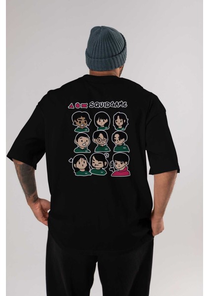 Squid Game (3) Arka Baskılı Siyah Oversize T-Shirt Bisiklet Yaka Pamuk Erkek Kadın