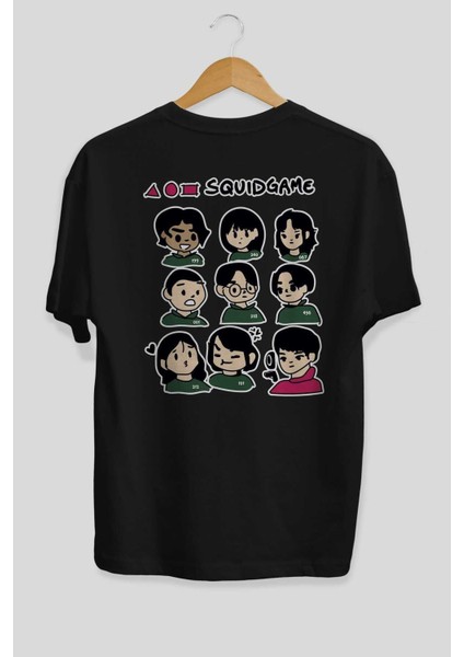 Squid Game (3) Arka Baskılı Siyah Oversize T-Shirt Bisiklet Yaka Pamuk Erkek Kadın