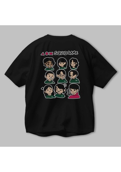 Squid Game (3) Arka Baskılı Siyah Oversize T-Shirt Bisiklet Yaka Pamuk Erkek Kadın
