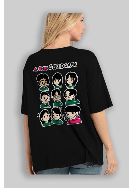 Squid Game (3) Arka Baskılı Siyah Oversize T-Shirt Bisiklet Yaka Pamuk Erkek Kadın