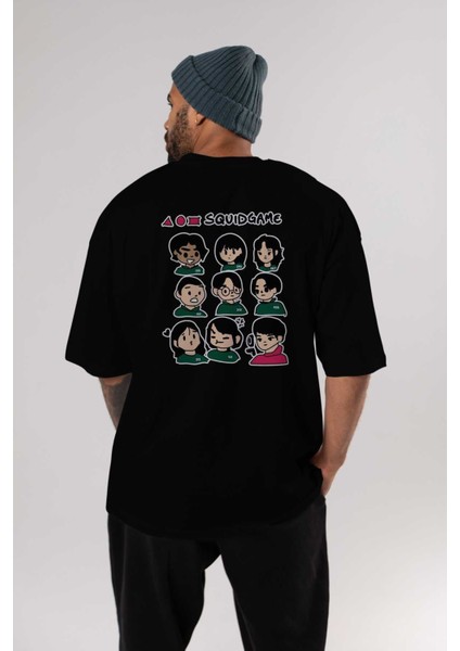 Squid Game (3) Arka Baskılı Siyah Oversize T-Shirt Bisiklet Yaka Pamuk Erkek Kadın
