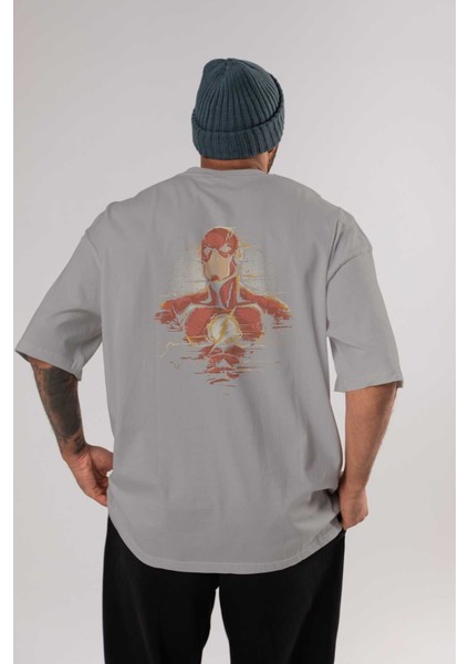 Flash Avengers Arka Baskılı Gri Oversize T-Shirt Bisiklet Yaka Pamuk Erkek Kadın
