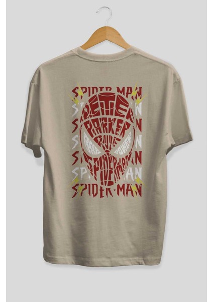 Spiderman (12) Arka Baskılı Bej Oversize T-Shirt Bisiklet Yaka Pamuk Erkek Kadın fiyatları