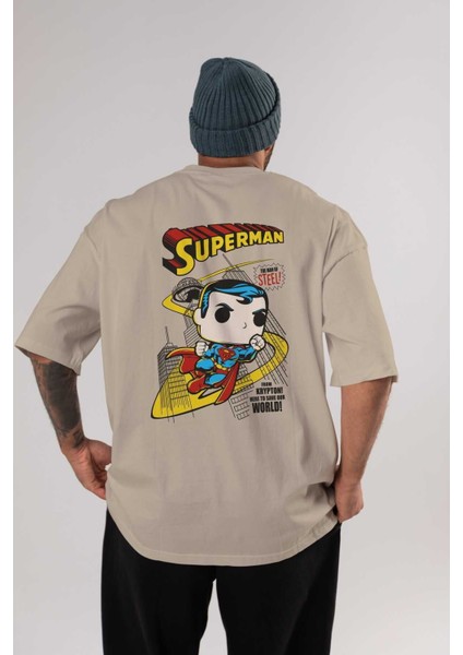 Superman (2) Arka Baskılı Bej Oversize T-Shirt Bisiklet Yaka Pamuk Erkek Kadın