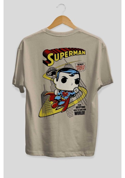 Superman (2) Arka Baskılı Bej Oversize T-Shirt Bisiklet Yaka Pamuk Erkek Kadın fiyatları