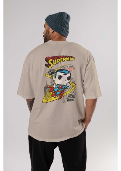 Superman (2) Arka Baskılı Bej Oversize T-Shirt Bisiklet Yaka Pamuk Erkek Kadın fırsatları
