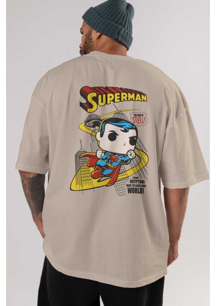 Superman (2) Arka Baskılı Bej Oversize T-Shirt Bisiklet Yaka Pamuk Erkek Kadın indirimleri