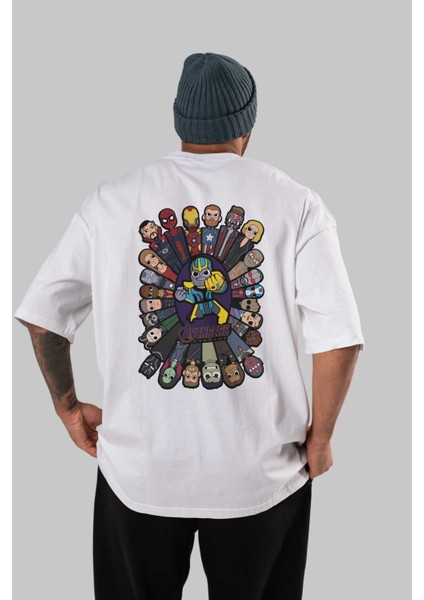 The Avengers (2) Arka Baskılı Beyaz Oversize T-Shirt Bisiklet Yaka Pamuk Erkek Kadın