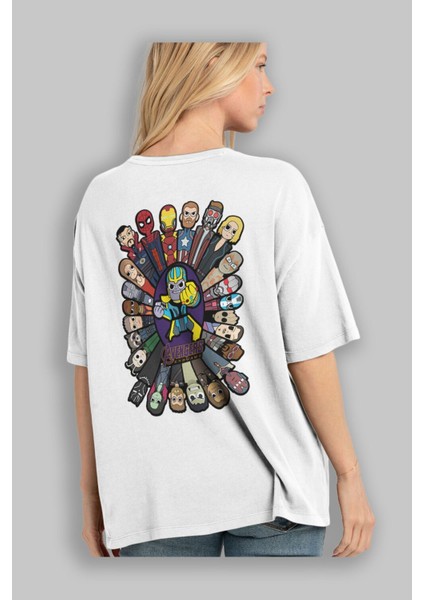 The Avengers (2) Arka Baskılı Beyaz Oversize T-Shirt Bisiklet Yaka Pamuk Erkek Kadın modelleri