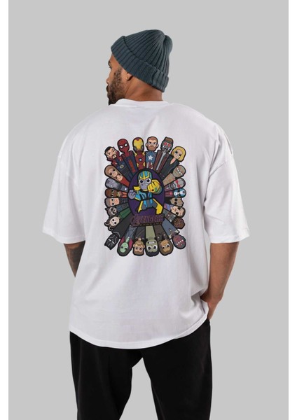 The Avengers (2) Arka Baskılı Beyaz Oversize T-Shirt Bisiklet Yaka Pamuk Erkek Kadın fırsatları