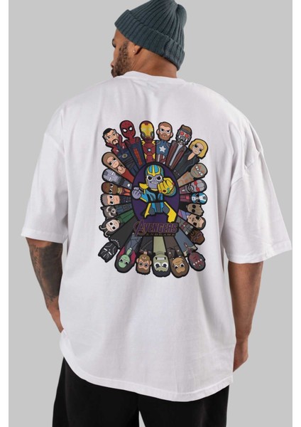 The Avengers (2) Arka Baskılı Beyaz Oversize T-Shirt Bisiklet Yaka Pamuk Erkek Kadın indirimleri