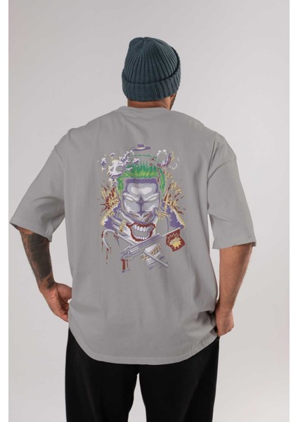 Joker Arka Baskılı Gri Oversize T-Shirt Bisiklet Yaka Pamuk Erkek Kadın