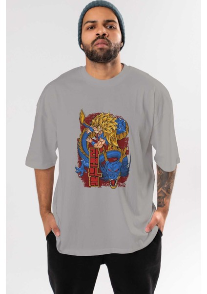 Dragon Ball Z Anime Ön Baskılı Gri Oversize T-Shirt %100 Pamuk Erkek Kadın