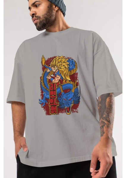 Dragon Ball Z Anime Ön Baskılı Gri Oversize T-Shirt %100 Pamuk Erkek Kadın modelleri