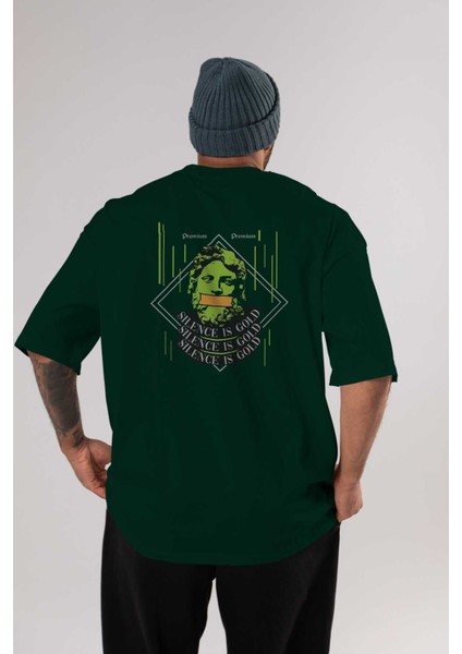 Silence Is Gold Arka Baskılı Zümrüt Yeşili Oversize T-Shirt Erkek Kadın Bisiklet Yaka