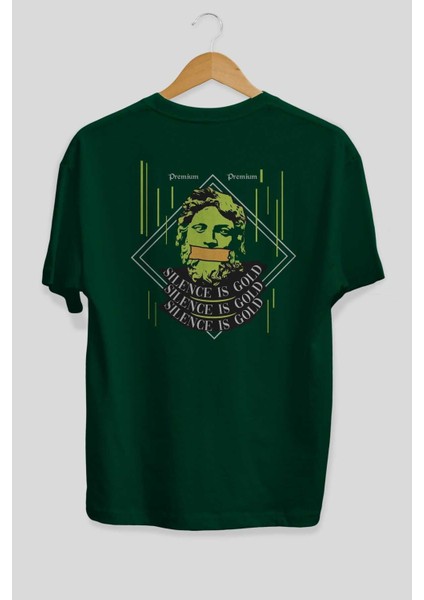 Silence Is Gold Arka Baskılı Zümrüt Yeşili Oversize T-Shirt Erkek Kadın Bisiklet Yaka fiyatları