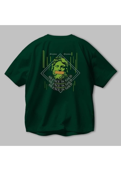 Silence Is Gold Arka Baskılı Zümrüt Yeşili Oversize T-Shirt Erkek Kadın Bisiklet Yaka modelleri