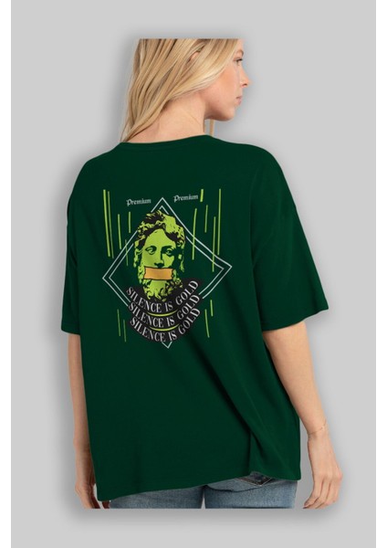 Silence Is Gold Arka Baskılı Zümrüt Yeşili Oversize T-Shirt Erkek Kadın Bisiklet Yaka fırsatları