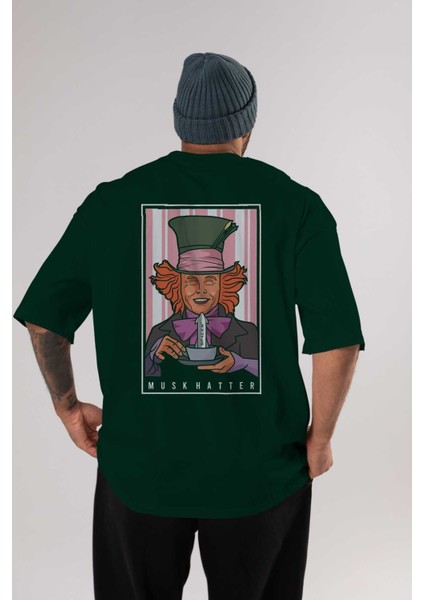 Mad Hatter Elon Musk Arka Baskılı Zümrüt Yeşili Oversize T-Shirt Unisex Erkek Kadın Bisiklet Yaka