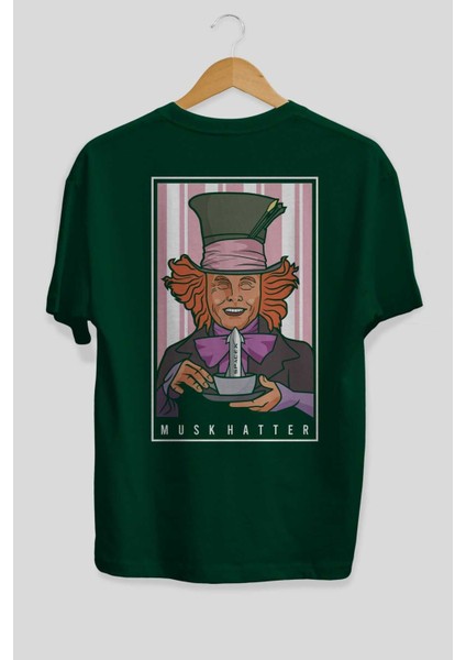 Mad Hatter Elon Musk Arka Baskılı Zümrüt Yeşili Oversize T-Shirt Unisex Erkek Kadın Bisiklet Yaka