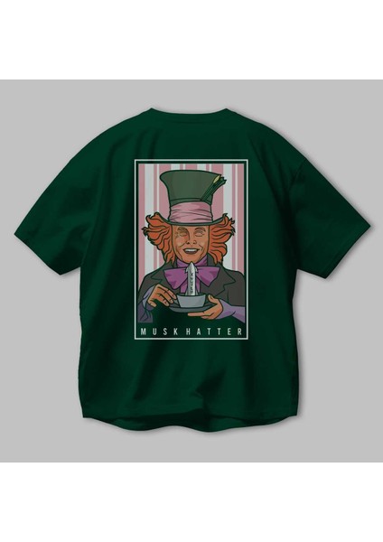 Mad Hatter Elon Musk Arka Baskılı Zümrüt Yeşili Oversize T-Shirt Unisex Erkek Kadın Bisiklet Yaka