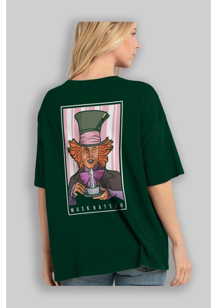 Mad Hatter Elon Musk Arka Baskılı Zümrüt Yeşili Oversize T-Shirt Unisex Erkek Kadın Bisiklet Yaka