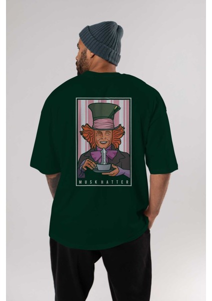Mad Hatter Elon Musk Arka Baskılı Zümrüt Yeşili Oversize T-Shirt Unisex Erkek Kadın Bisiklet Yaka