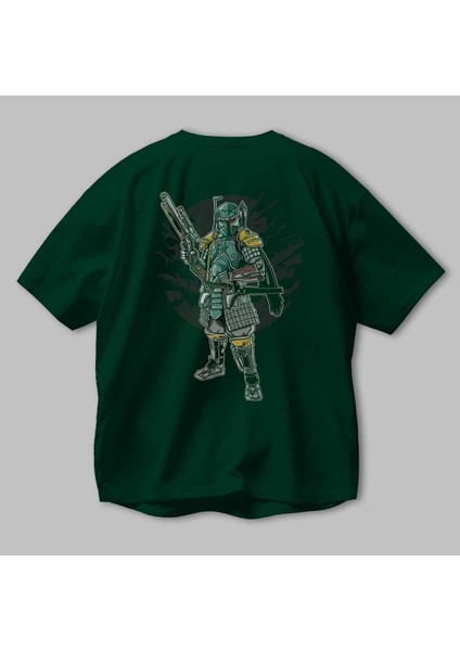 Ronin Hunter Arka Baskılı Zümrüt Yeşili Oversize T-Shirt Erkek Kadın Bisiklet Yaka modelleri