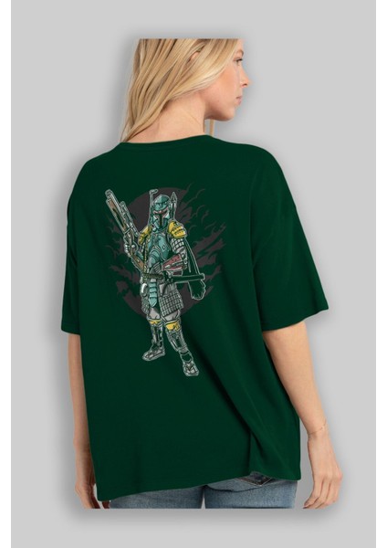 Ronin Hunter Arka Baskılı Zümrüt Yeşili Oversize T-Shirt Erkek Kadın Bisiklet Yaka fırsatları