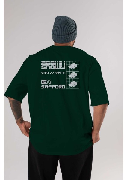 Snowy City Of Sapporo Arka Baskılı Zümrüt Yeşili Oversize T-Shirt Erkek Kadın Bisiklet Yaka