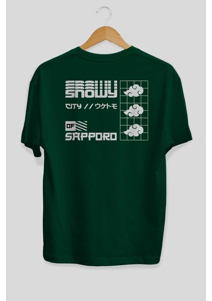 Snowy City Of Sapporo Arka Baskılı Zümrüt Yeşili Oversize T-Shirt Erkek Kadın Bisiklet Yaka fiyatları
