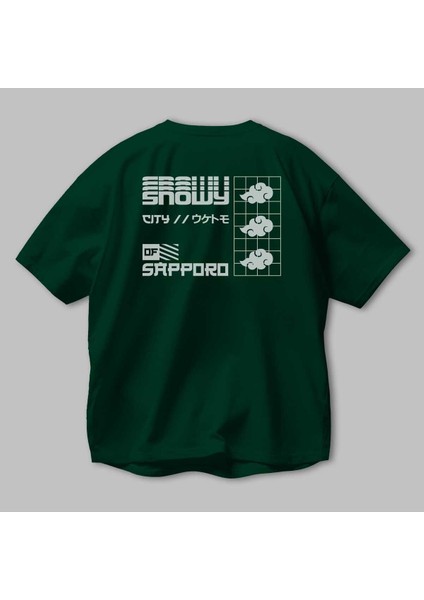 Snowy City Of Sapporo Arka Baskılı Zümrüt Yeşili Oversize T-Shirt Erkek Kadın Bisiklet Yaka modelleri