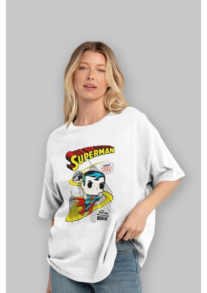 Superman (2) Ön Baskılı Beyaz Oversize T-Shirt Bisiklet Yaka Erkek Kadın fırsatları