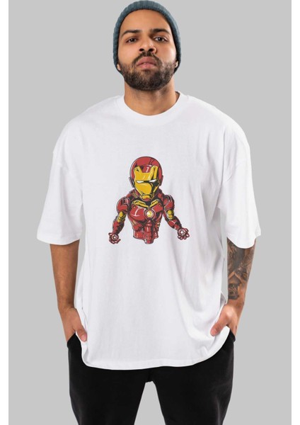 Iron Man Ön Baskılı Beyaz Oversize T-Shirt Bisiklet Yaka Erkek Kadın