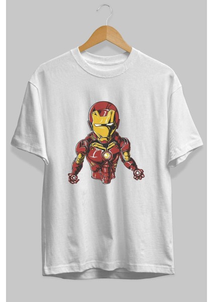 Iron Man Ön Baskılı Beyaz Oversize T-Shirt Bisiklet Yaka Erkek Kadın