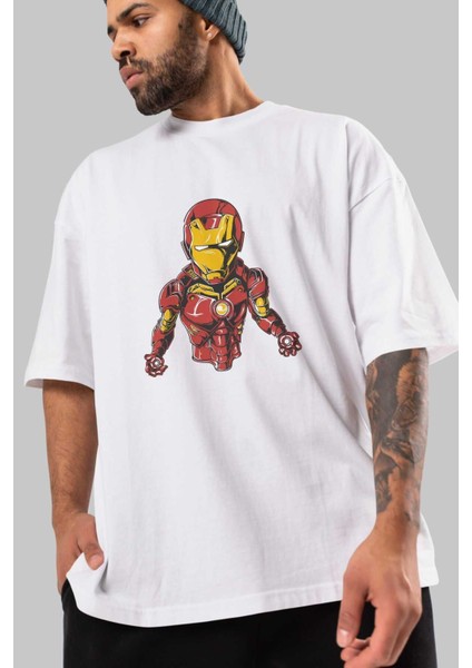 Iron Man Ön Baskılı Beyaz Oversize T-Shirt Bisiklet Yaka Erkek Kadın